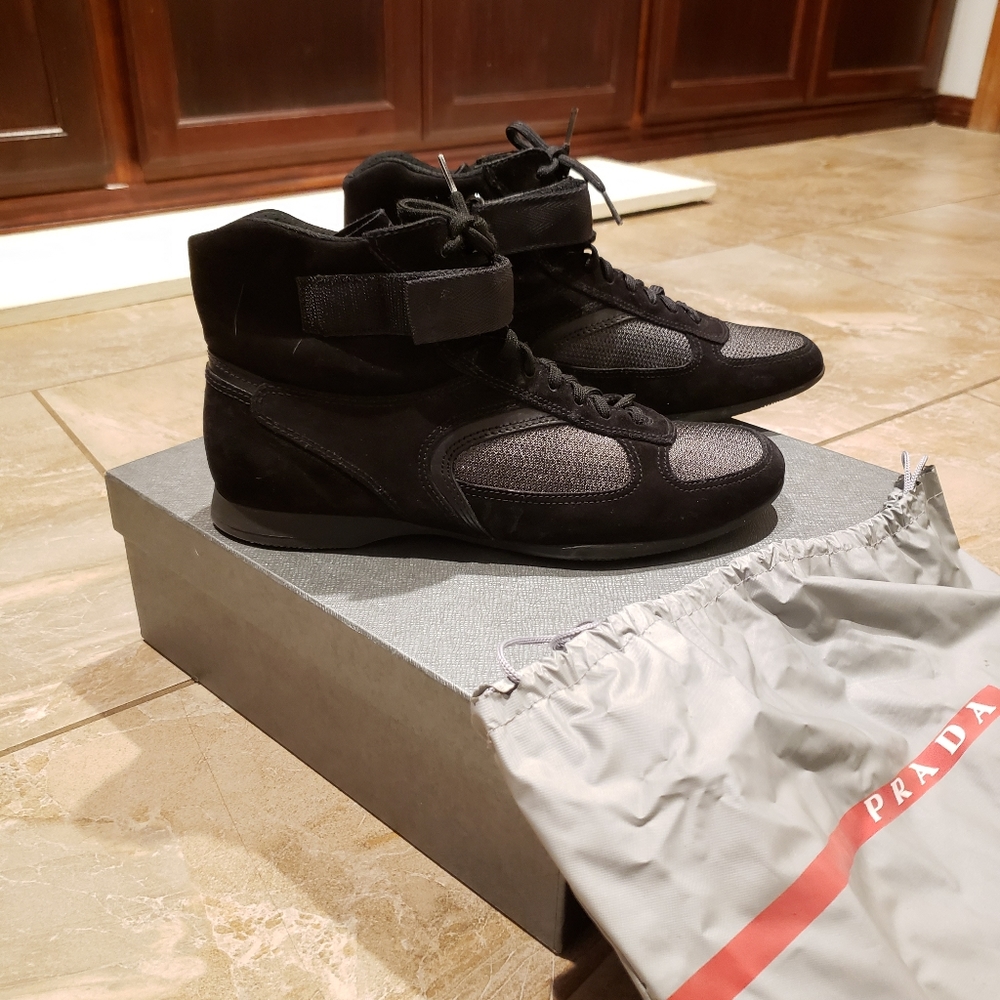 PRADA Black & Gray High Top Velcro & Lace …